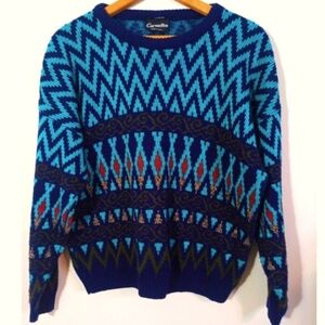 Carmelton Men Sz L Blue Multicolor Sweater Vintage Grandpa Oversize Retro